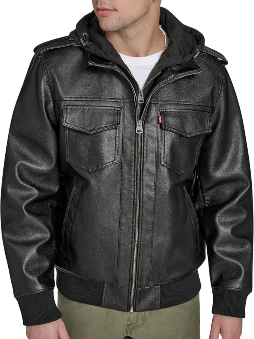 NWOT Levi Strauss Black Faux Leather Hooded Jacket in Size Medium